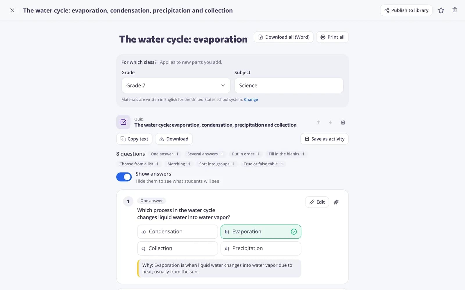 An AI-generated quiz in the Edform AI tools workspace