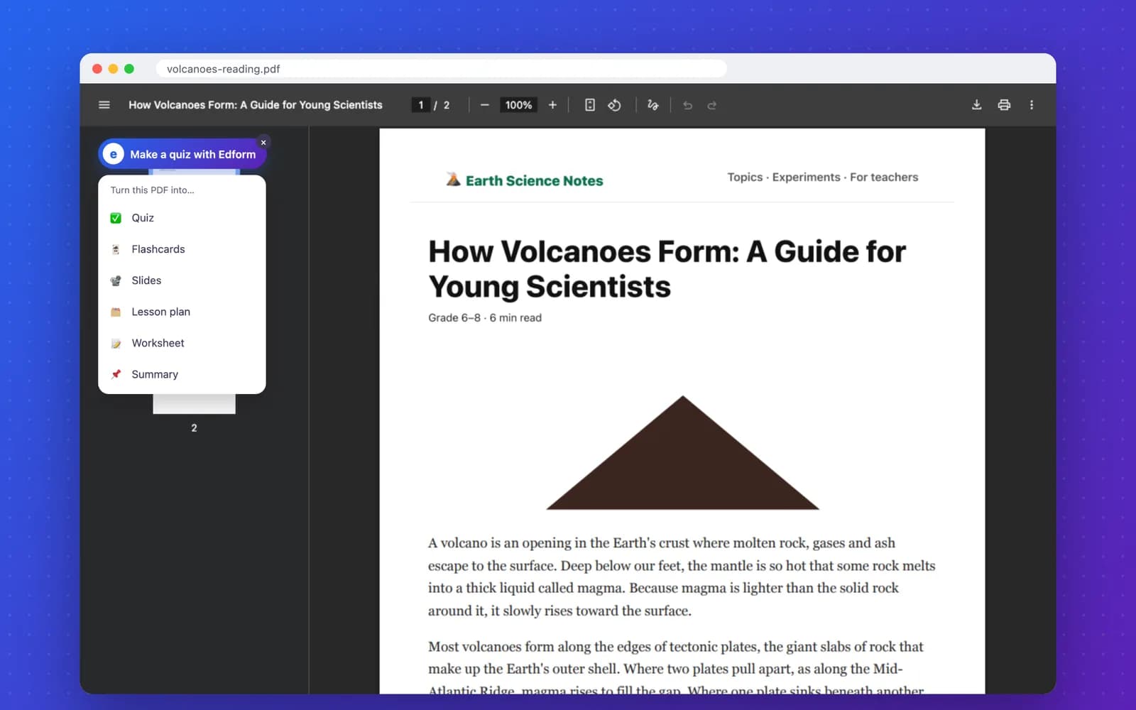 A PDF open in Chrome with the 'Make a quiz with Edform' button and its menu