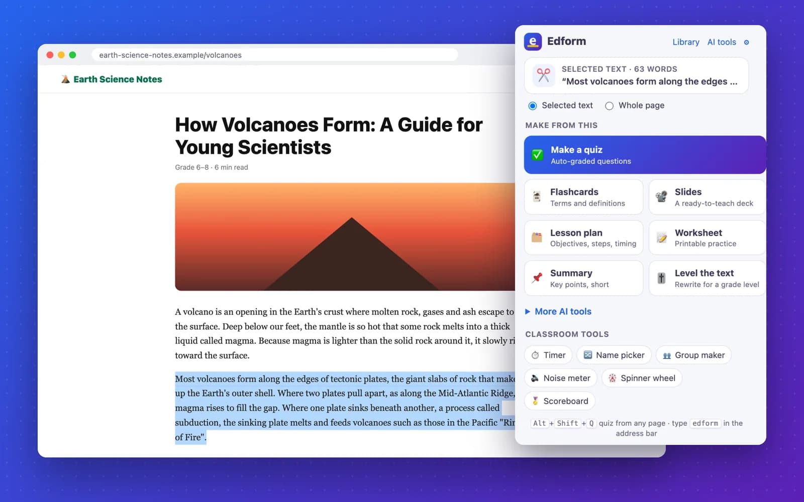 A selected paragraph of an article and the Edform popup showing 'Selected text'