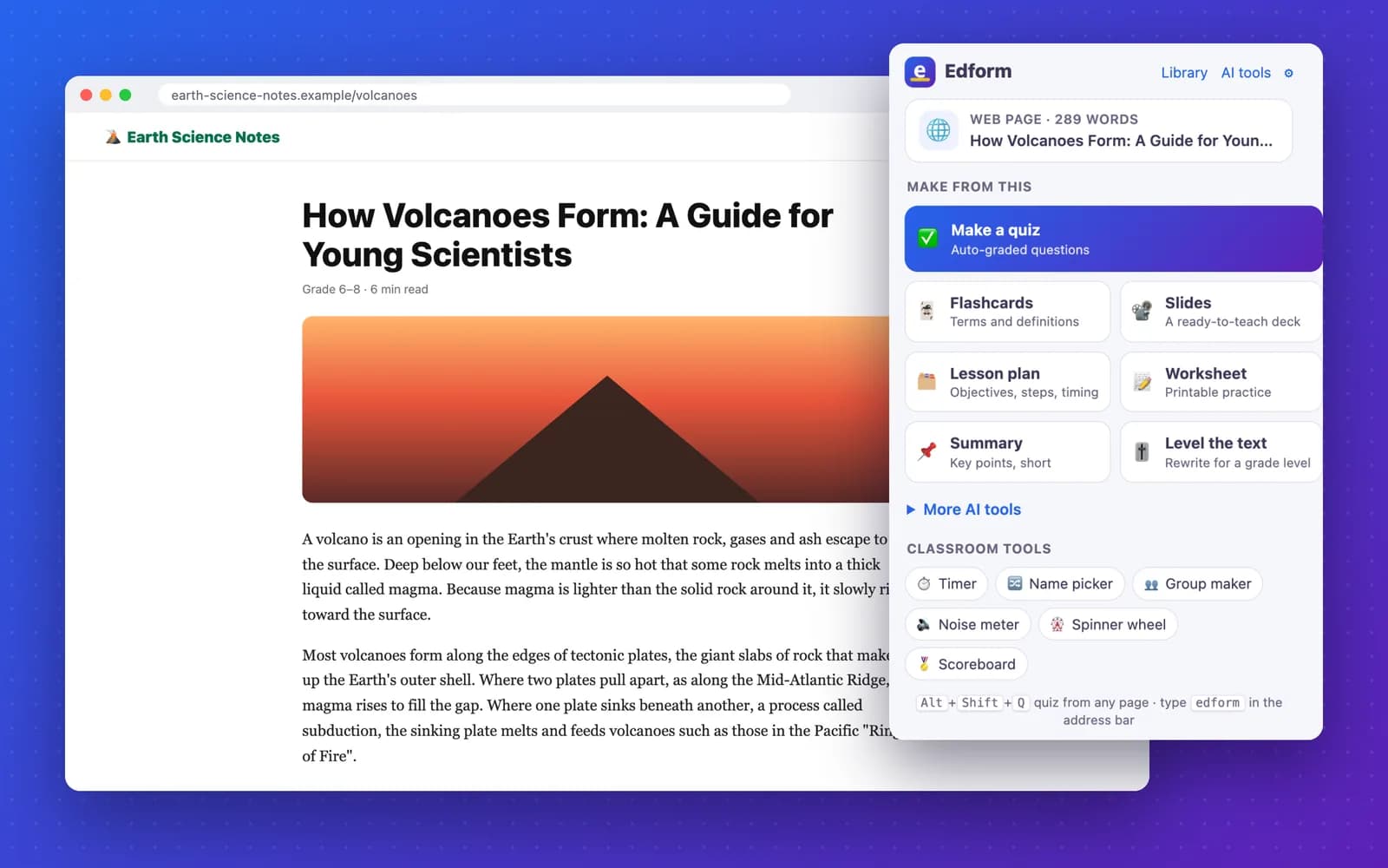 Edform extension popup over an article about volcanoes, offering a quiz, flashcards, slides, a lesson plan, a worksheet and more