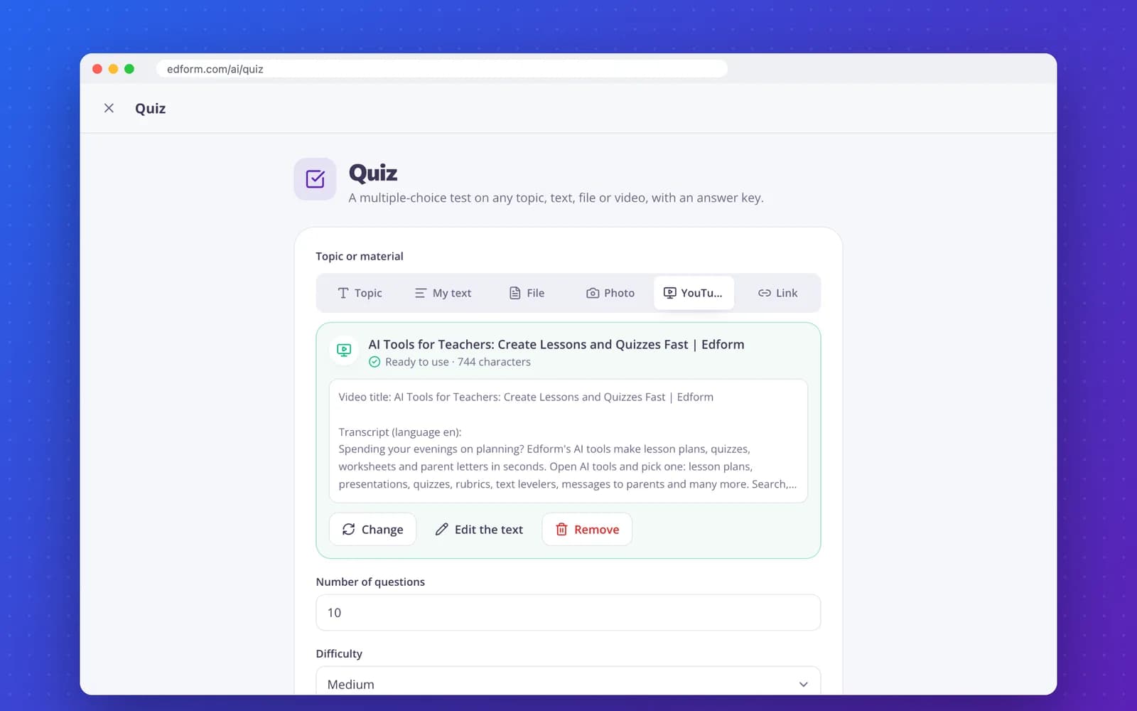 Edform quiz tool with a YouTube video transcript ready to use