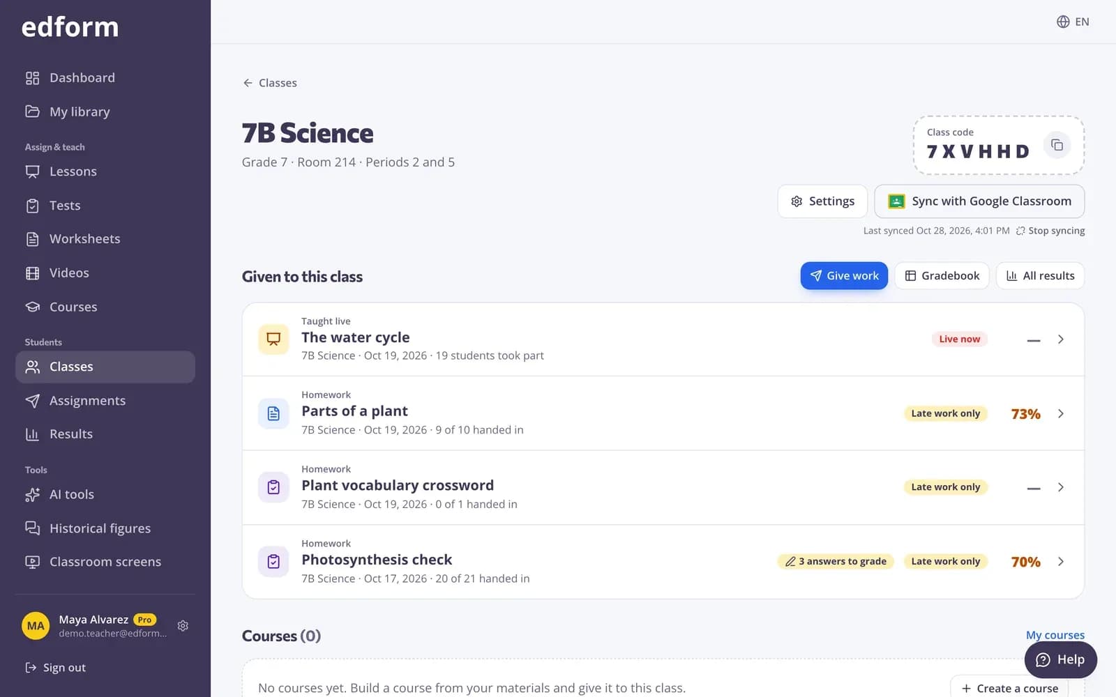Edform class linked to Google Classroom with the Sync with Google Classroom button
