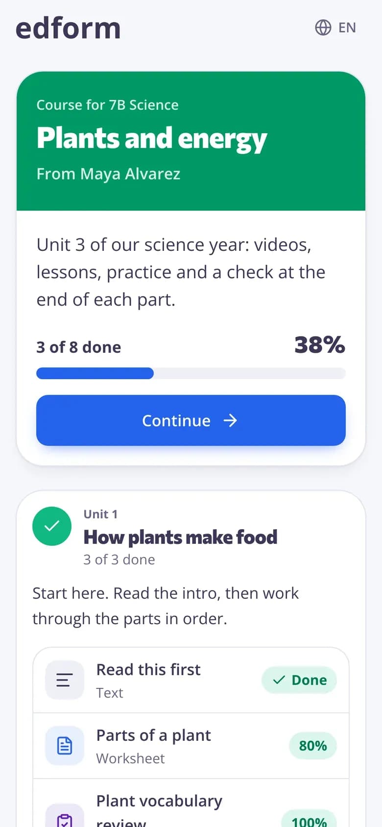 Student's phone showing a course with units, progress and a Continue button