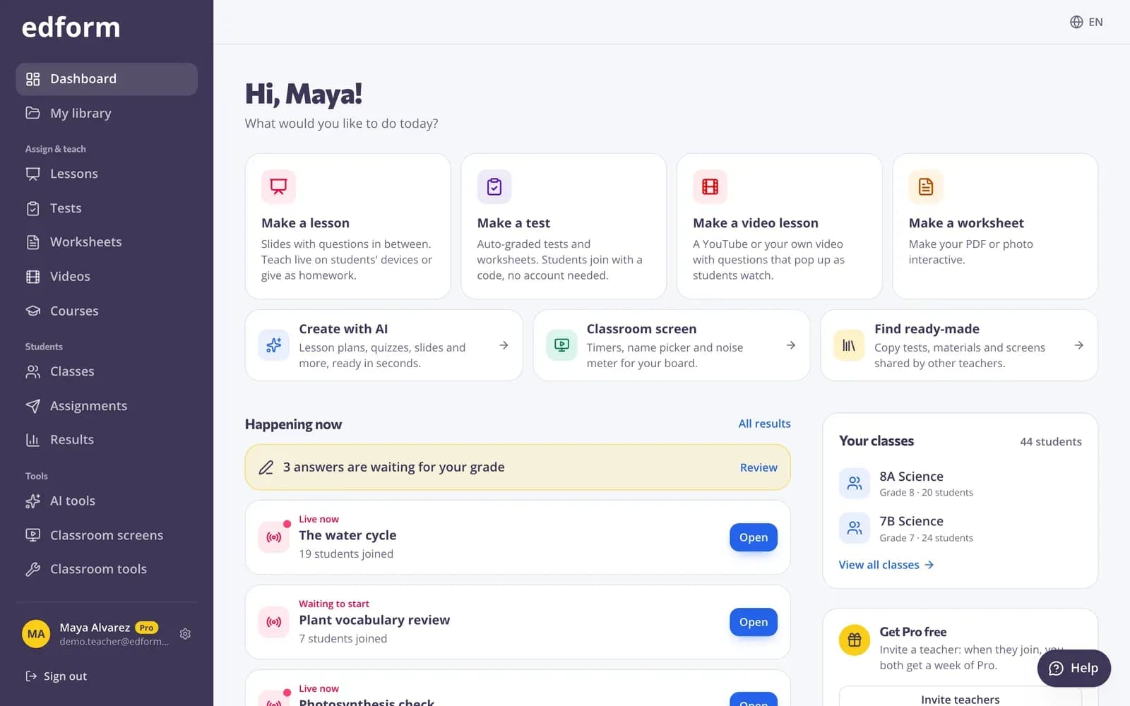 Edform teacher dashboard with live sessions, homework to grade and recent work
