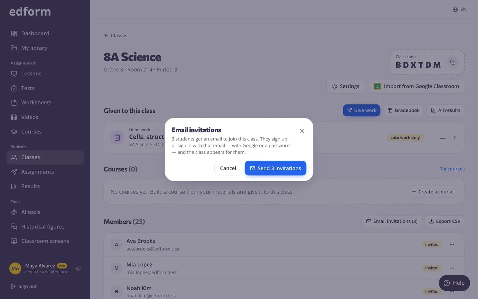 Email invitations dialog for students who haven't joined the class yet