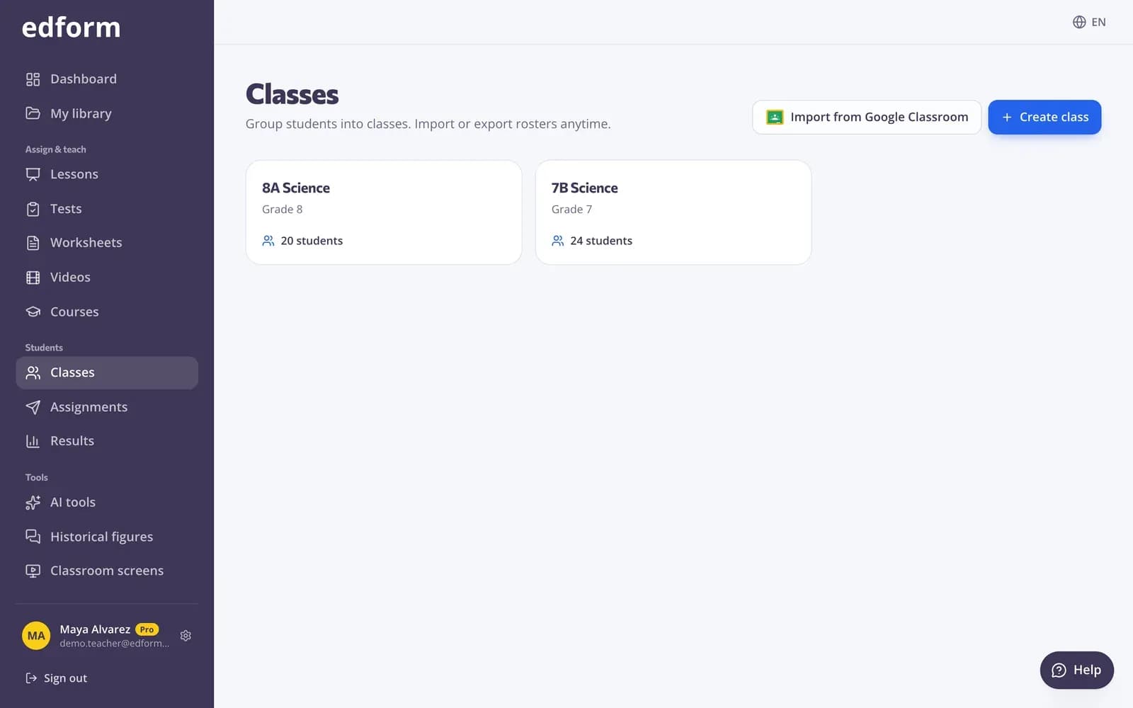 Classes page with the Import from Google Classroom button