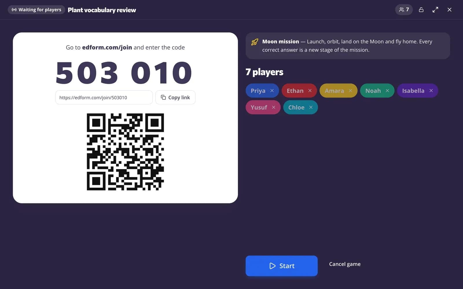 Skrin penyertaan permainan langsung dengan PIN dan kod QR