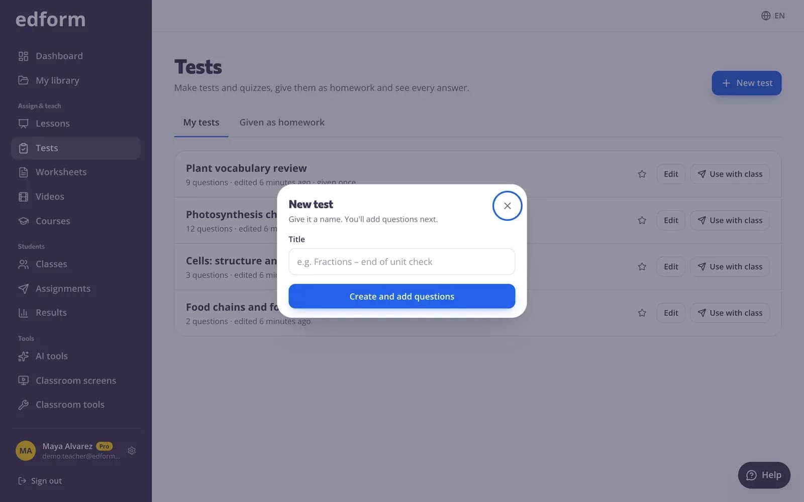 Vinduet “Ny test” med et felt til testtitlen