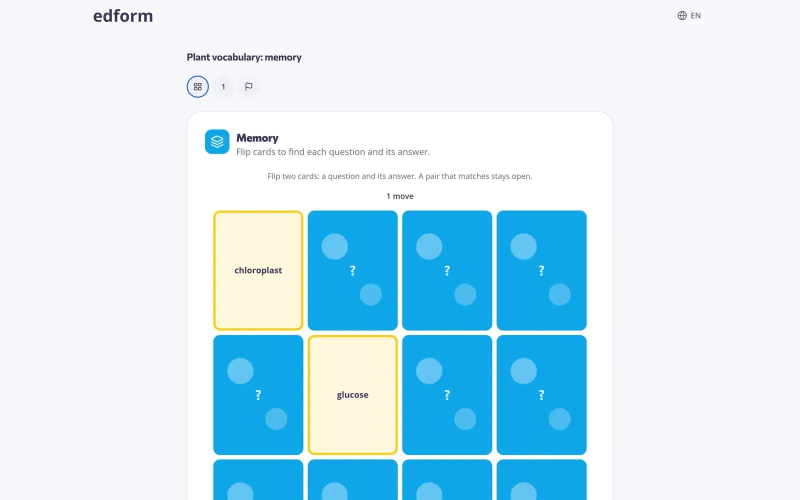 Memory game with question and answer cards