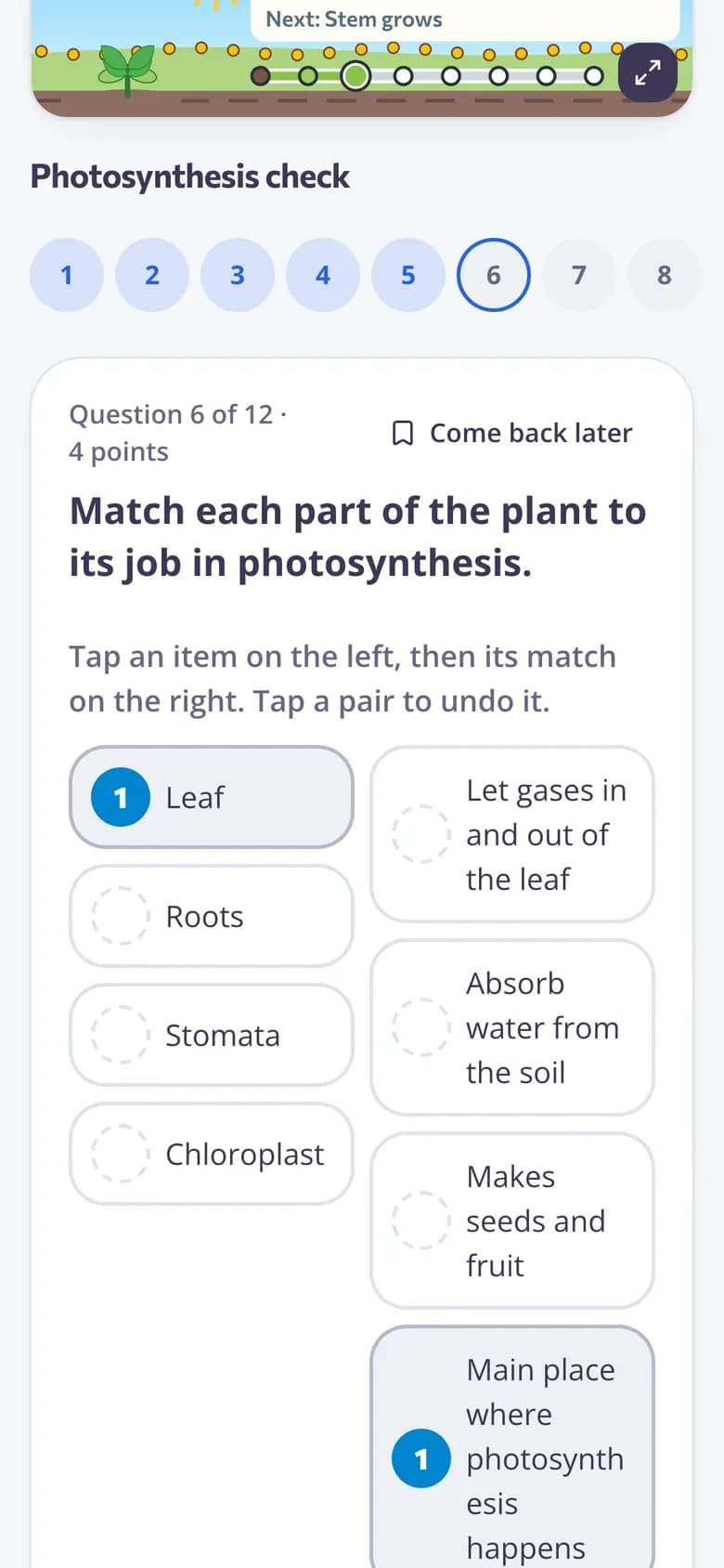 A student answering a quiz question on a phone