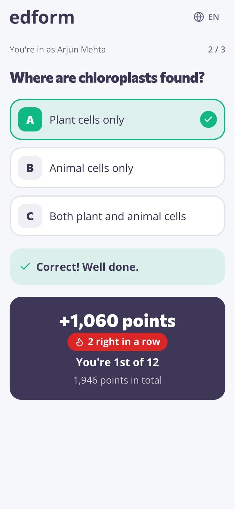 A student answering a live quiz question on a phone