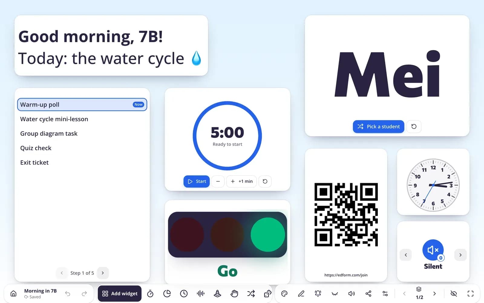Classroom screen with a timer, noise meter and work symbols