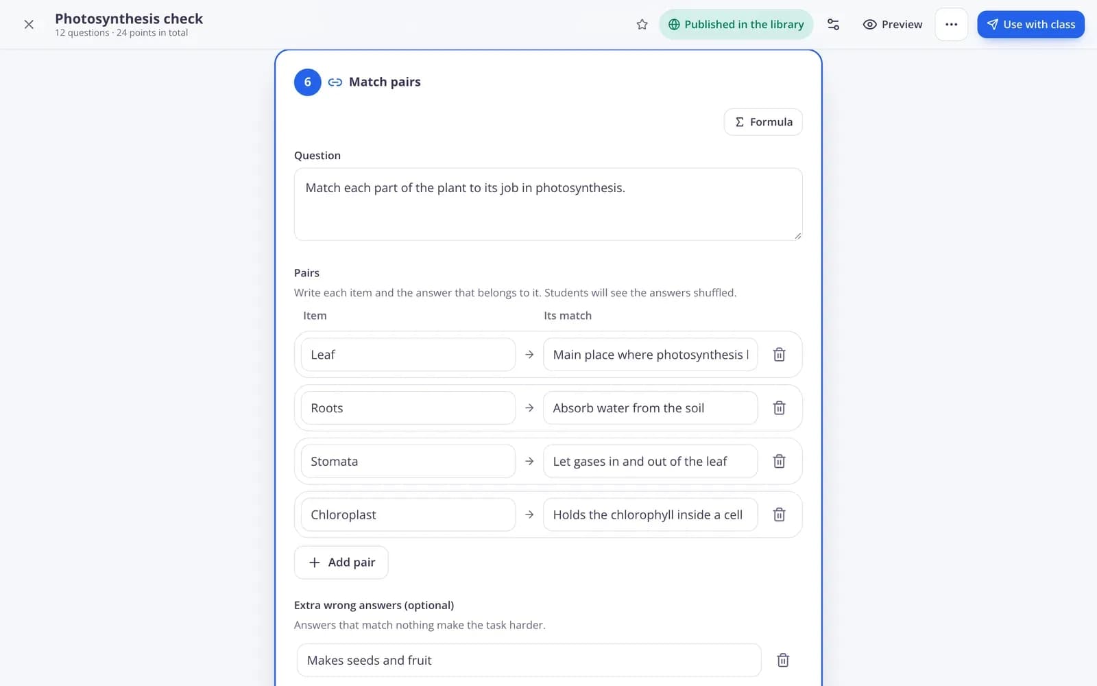 Конструктор за викторини в Edform с редактиране на въпрос за съпоставяне