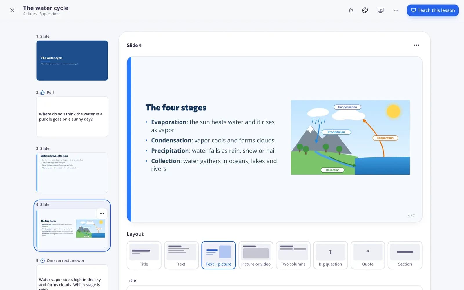 Lesson slide editor with a slide layout and a question slide