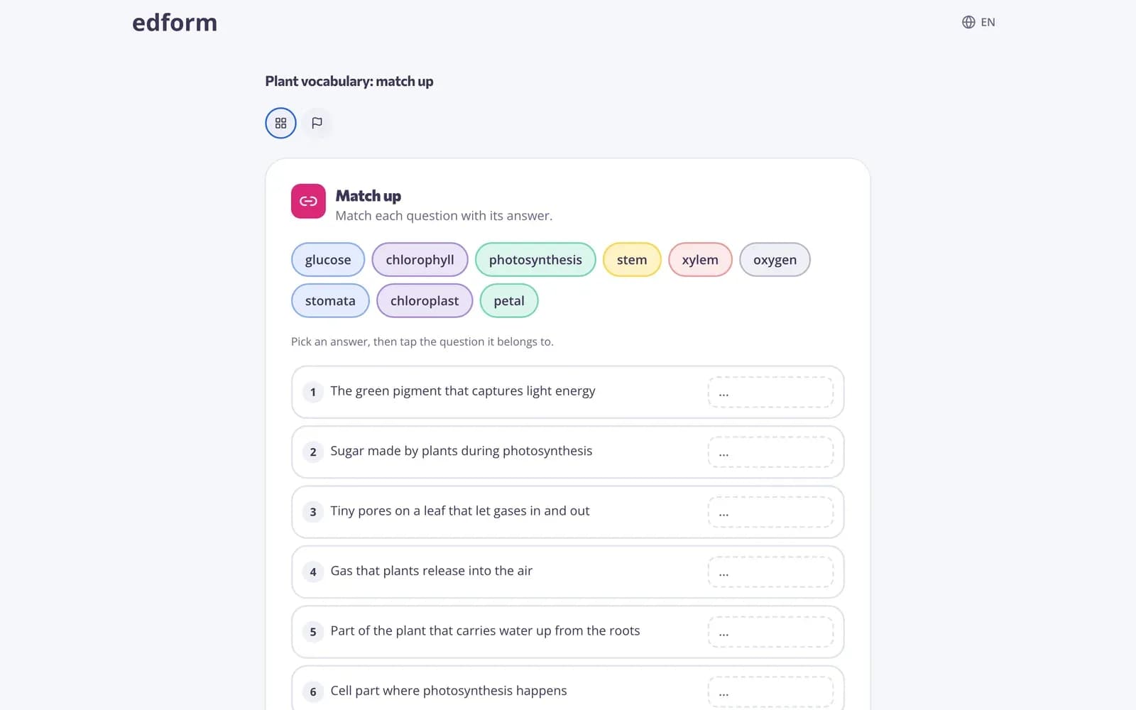 Match up game with words and translations
